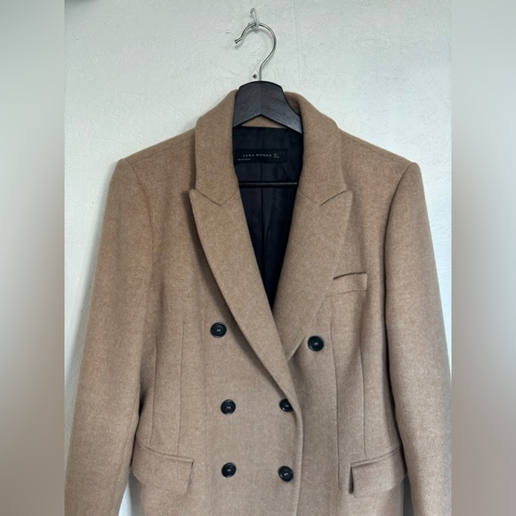 RARE Zara Tan Camel Wool Blend Double Breasted Tailored Fit Winter Trench Coat - Picture 7 of 16